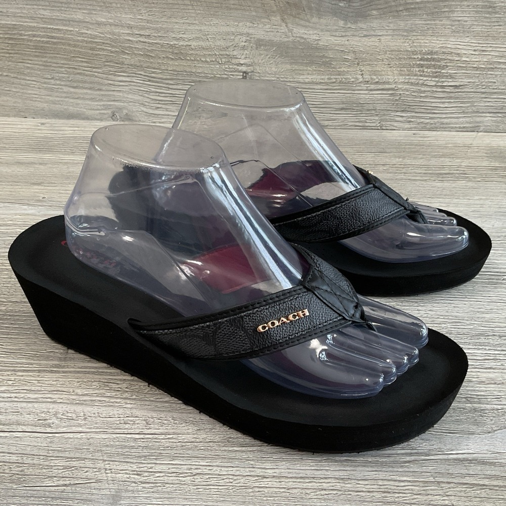 Coach Jolene Womens Size 10 B Platform Wedge Black Thong Flip Flops Sandals